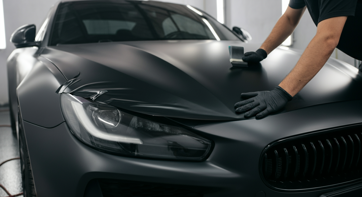 Técnico aplicando envelopamento de vinil preto fosco sobre capô de carro prata em oficina especializada