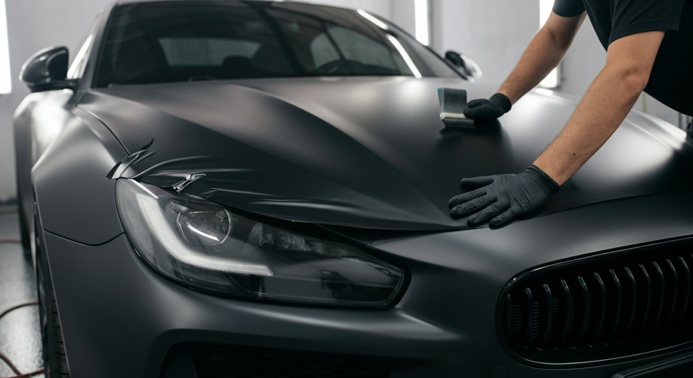 Técnico aplicando envelopamento de vinil preto fosco sobre capô de carro prata em oficina especializada