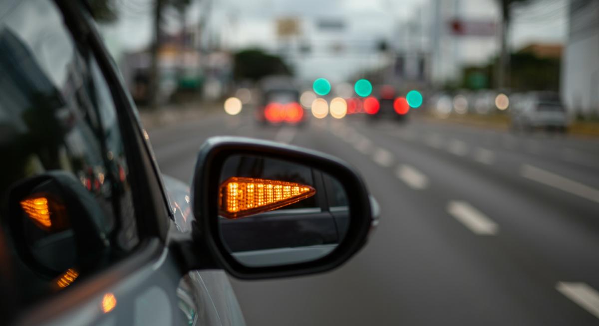 Luz indicadora de direção (seta) acesa em um veículo no trânsito urbano