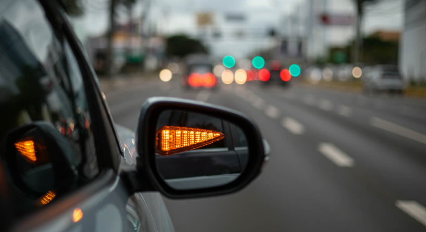 Luz indicadora de direção (seta) acesa em um veículo no trânsito urbano