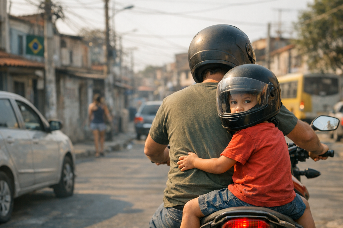 Criança na garupa de motocicleta com adulto, ambos usando capacetes, em rua urbana brasileira