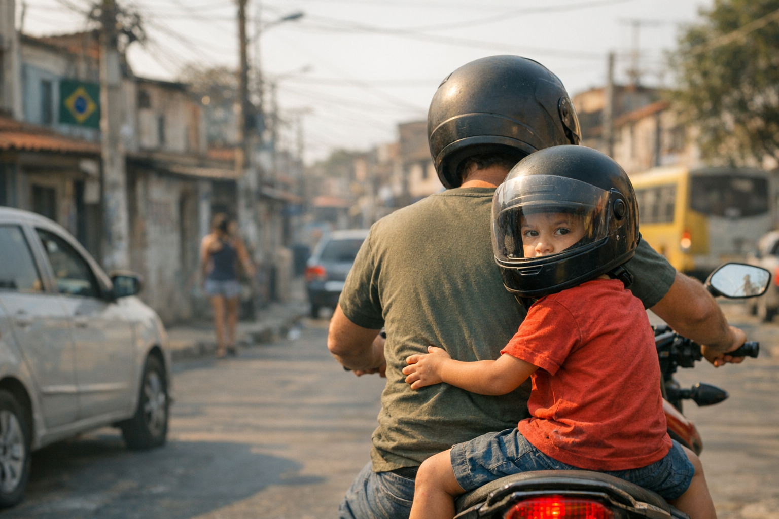 Criança na garupa de motocicleta com adulto, ambos usando capacetes, em rua urbana brasileira